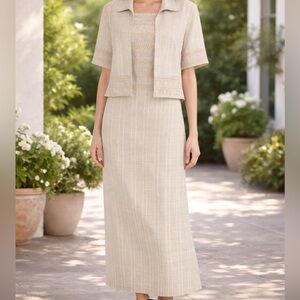Linen Dress Set Women 2 Piece Midi Dress Jacket Beige Lace Size 16